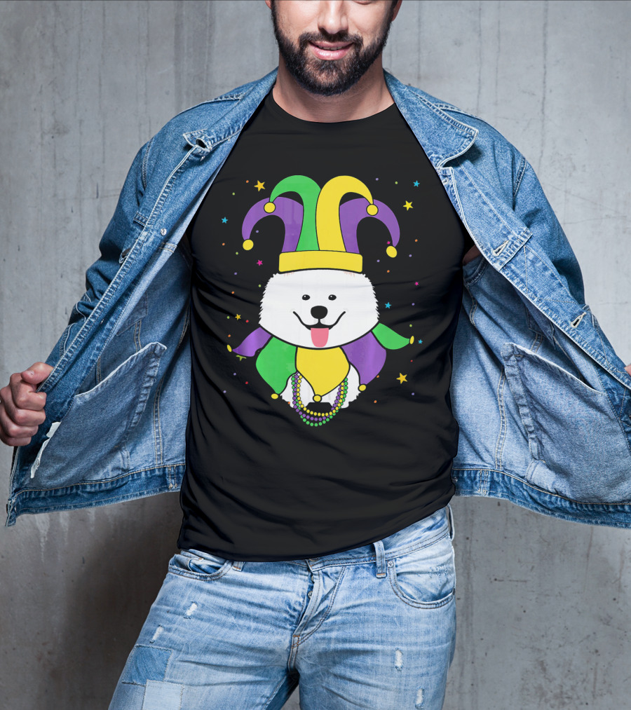 Funny Samoyed With Jester Hat And Mardi Gras Colors T-Shirt