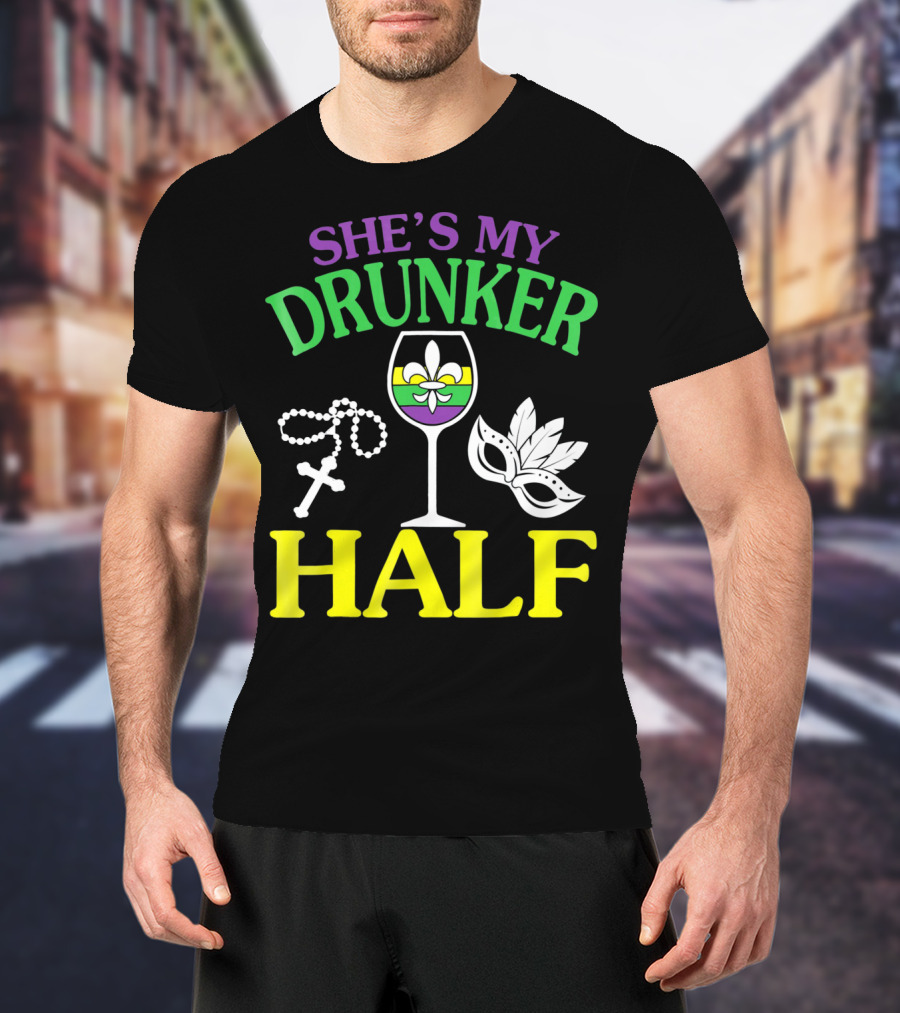 SHE'S MY DRUNKER HALF Fleur-de-Lis Wine Glass Beads Mask T-Shirt