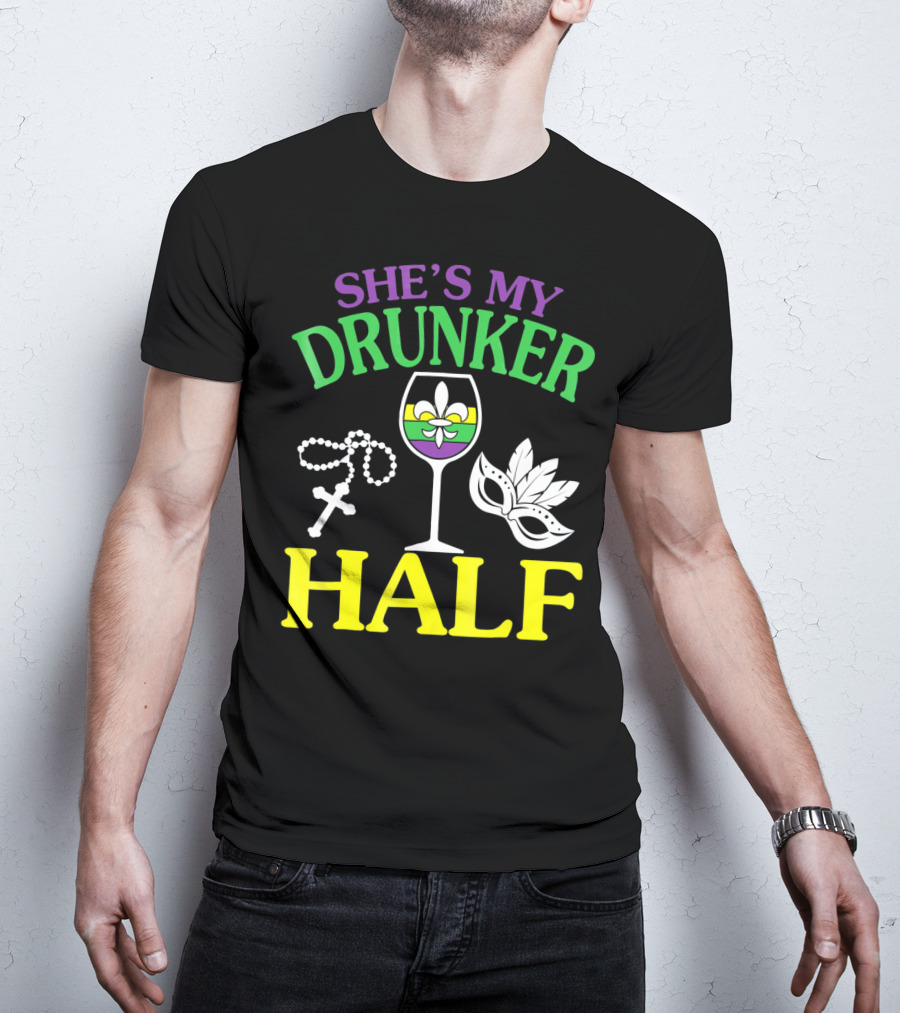 SHE'S MY DRUNKER HALF Fleur-de-Lis Wine Glass Beads Mask T-Shirt