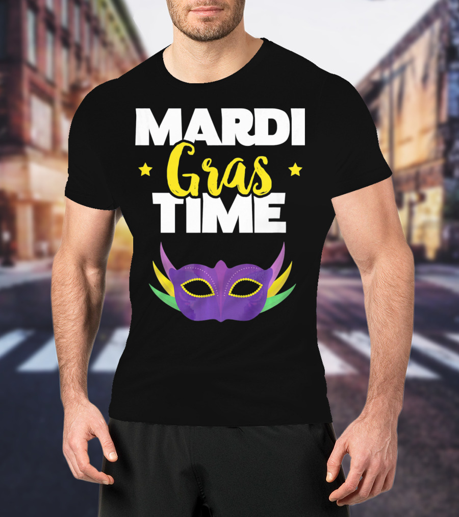 Mardi Gras Time Mask With Stars And Purple Yellow Green Elements T-Shirt