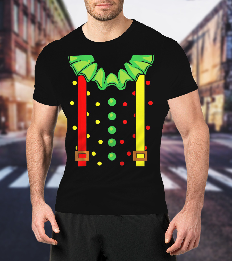 Funny Red And Yellow Suspenders With Green Jester Collar Clown T-Shirt
