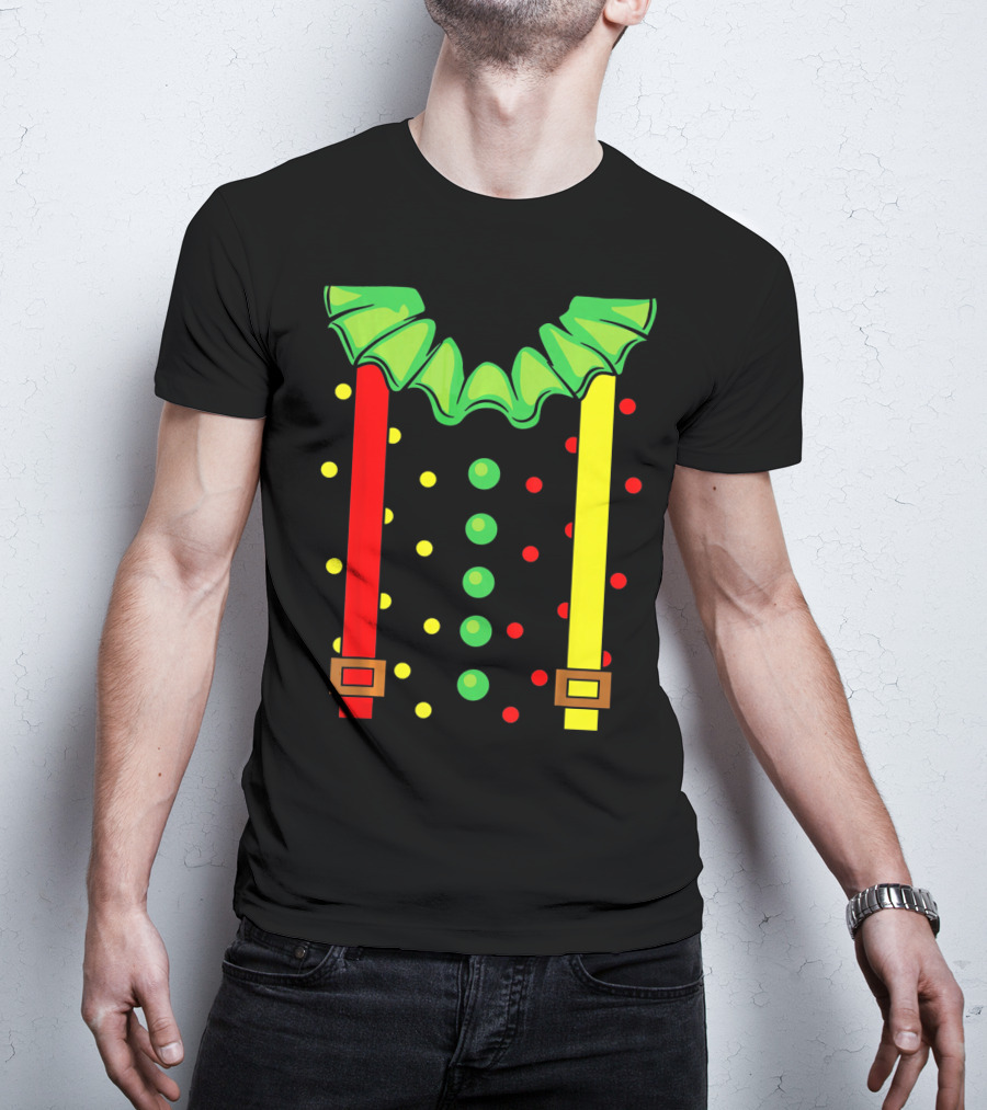 Funny Red And Yellow Suspenders With Green Jester Collar Clown T-Shirt