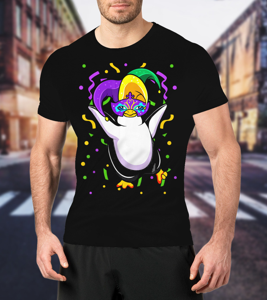 Mardi Gras Penguin With Colorful Jester Hat And Mask T-Shirt