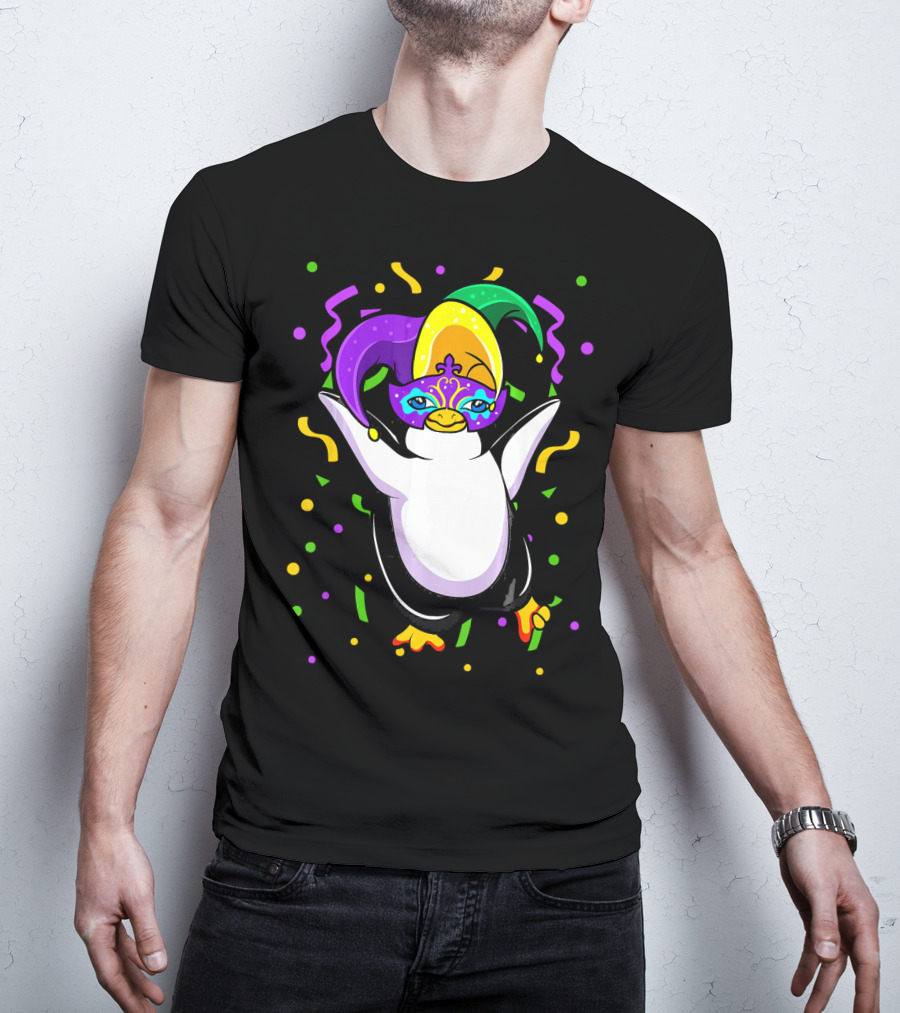 Mardi Gras Penguin With Colorful Jester Hat And Mask T-Shirt
