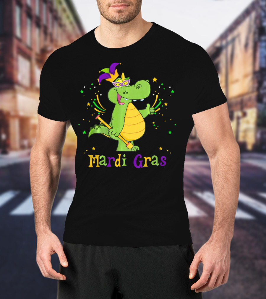 Mardi Gras Alligator With Mask And Star Accents T-Shirt