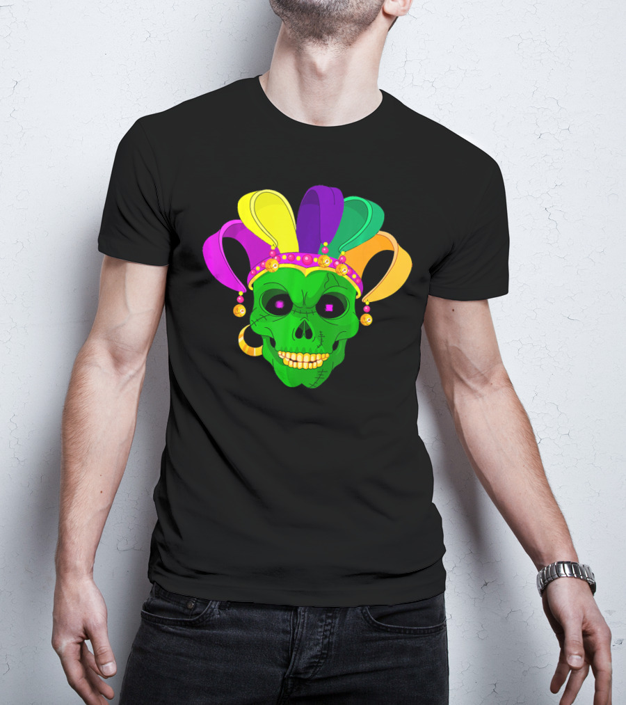 Skull Face Green Jester Hat Mardi Gras T-Shirt