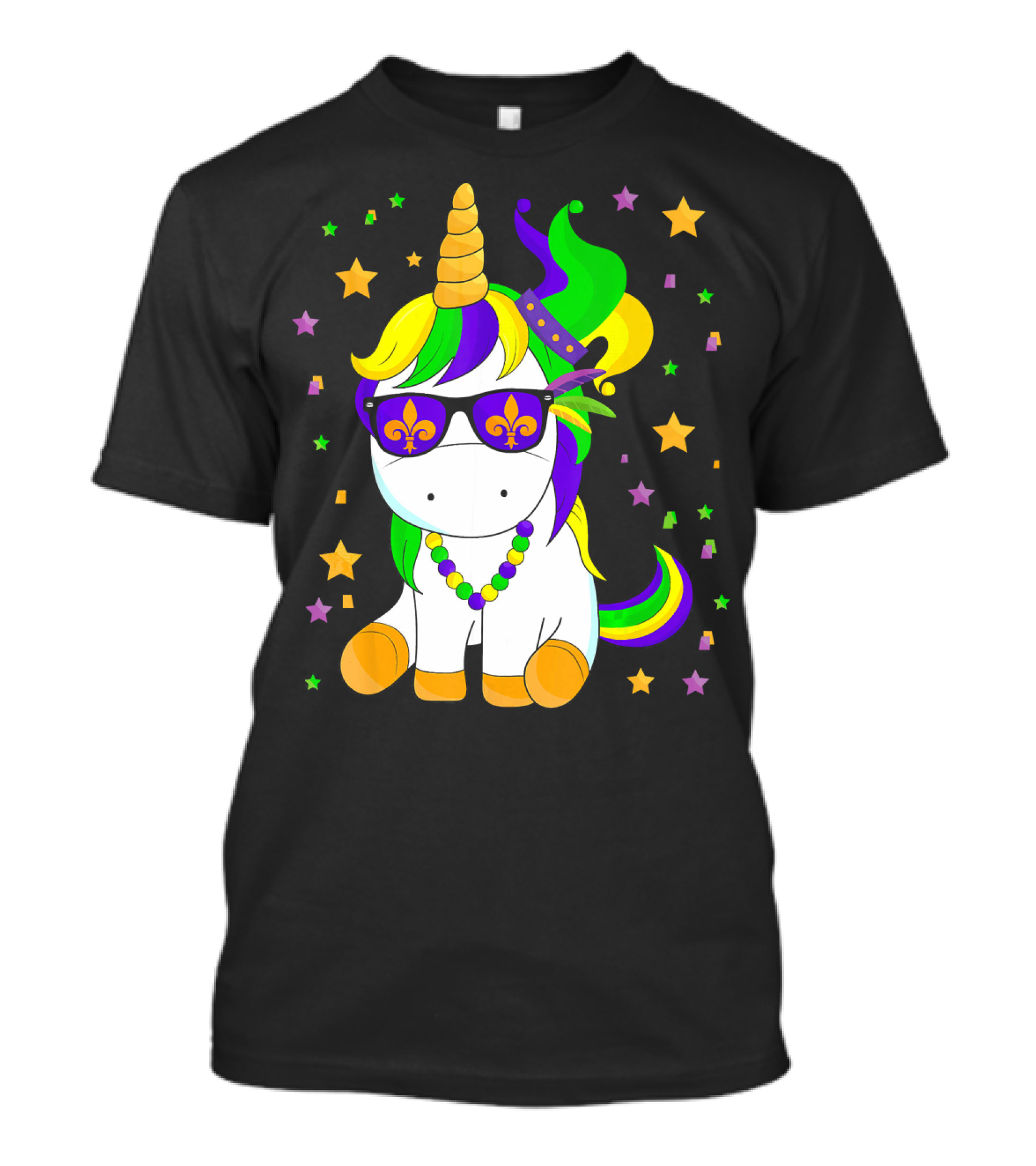 Mardi Gras Unicorn Kid Carnival Stars Fleur-de-Lis Beads T-Shirt