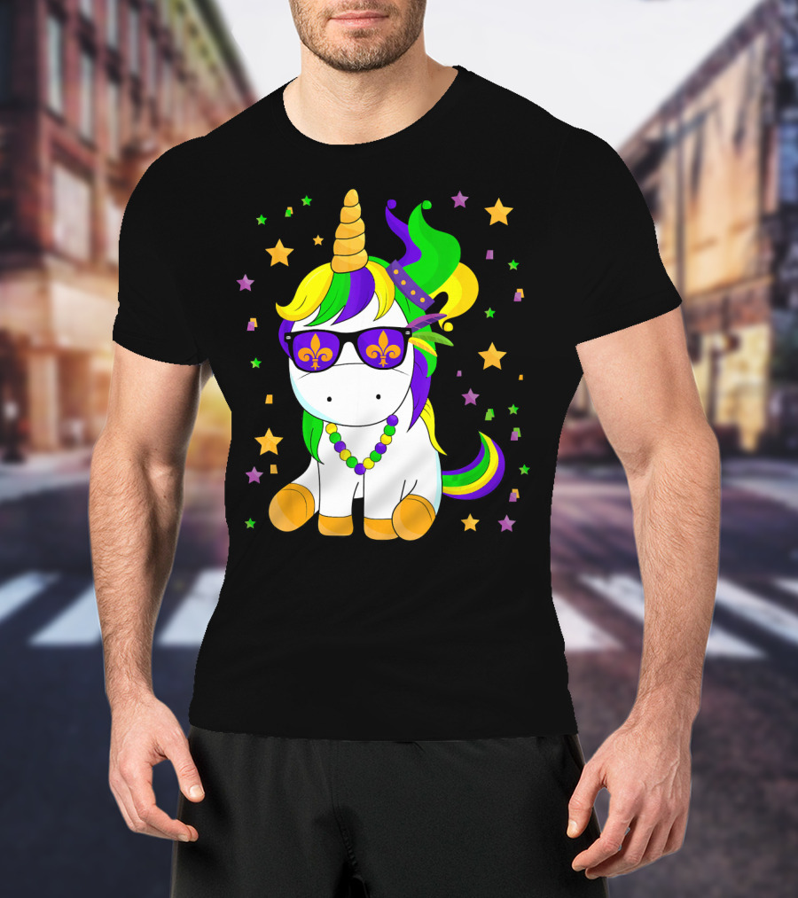 Mardi Gras Unicorn Kid Carnival Stars Fleur-de-Lis Beads T-Shirt