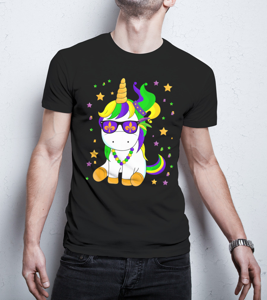 Mardi Gras Unicorn Kid Carnival Stars Fleur-de-Lis Beads T-Shirt