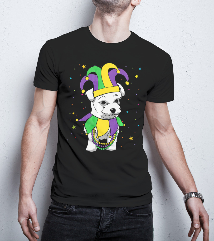 Havanese Dog Jester Hat Mardi Gras Beads Funny Stars T-Shirt
