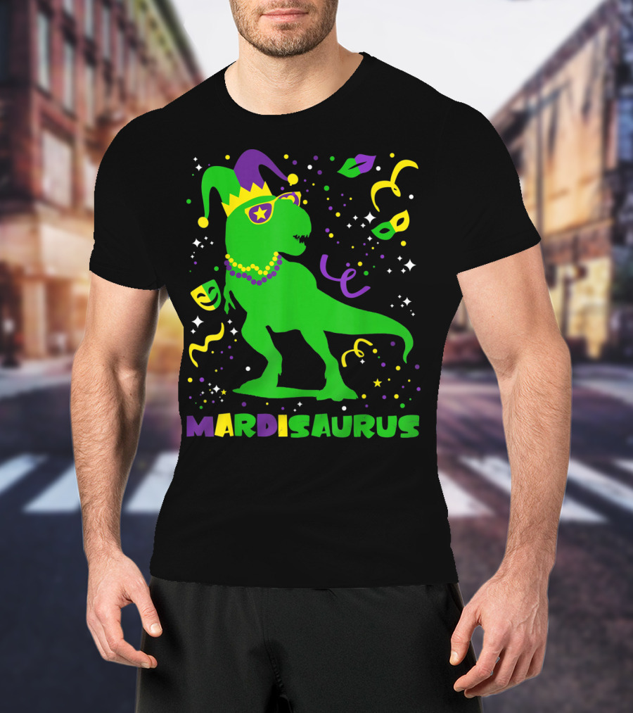Mardi Gras Dinosaur Mardisaurus Jester Hat Beads Masks Party T-Shirt