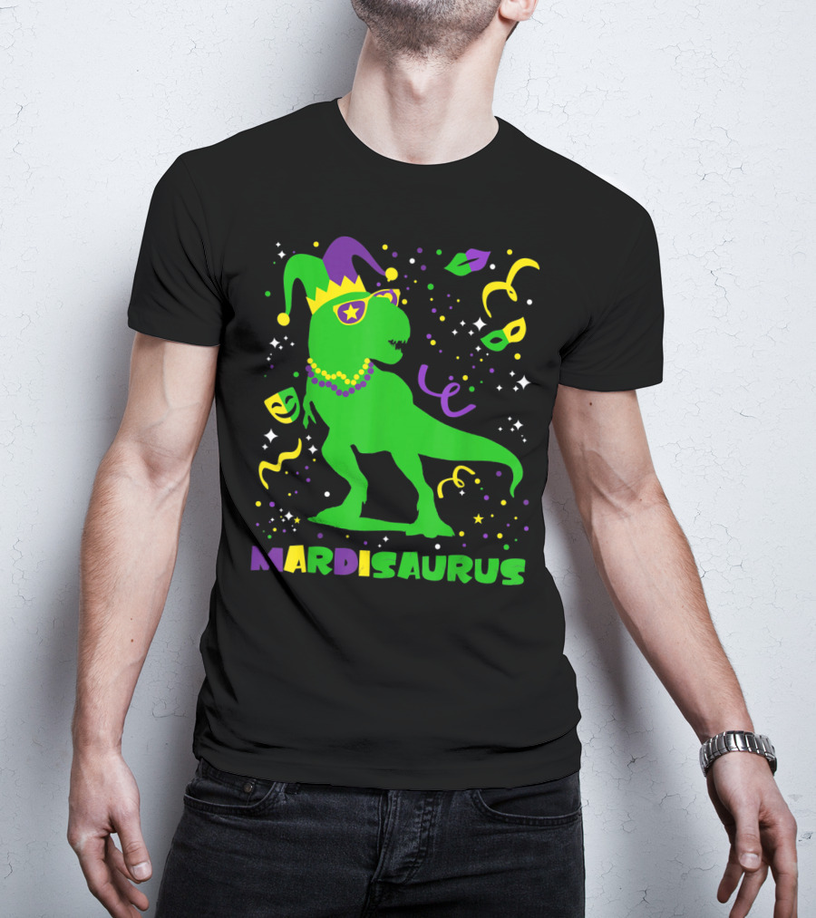 Mardi Gras Dinosaur Mardisaurus Jester Hat Beads Masks Party T-Shirt