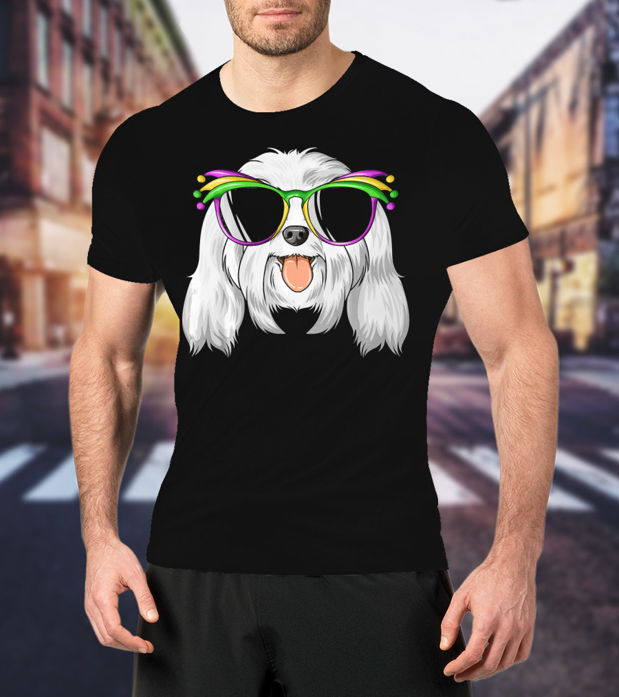 Maltese Dog With Mardi Gras Carnival Mask And Sunglasses T-Shirt