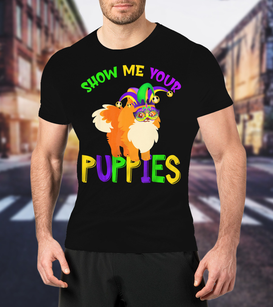 Show Me Your Puppies Pomeranian Jester Mask Colorful Fun T-Shirt