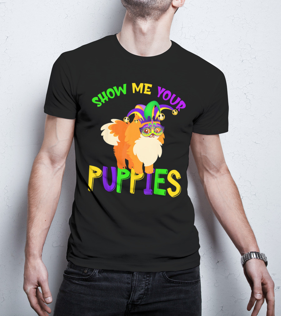 Show Me Your Puppies Pomeranian Jester Mask Colorful Fun T-Shirt
