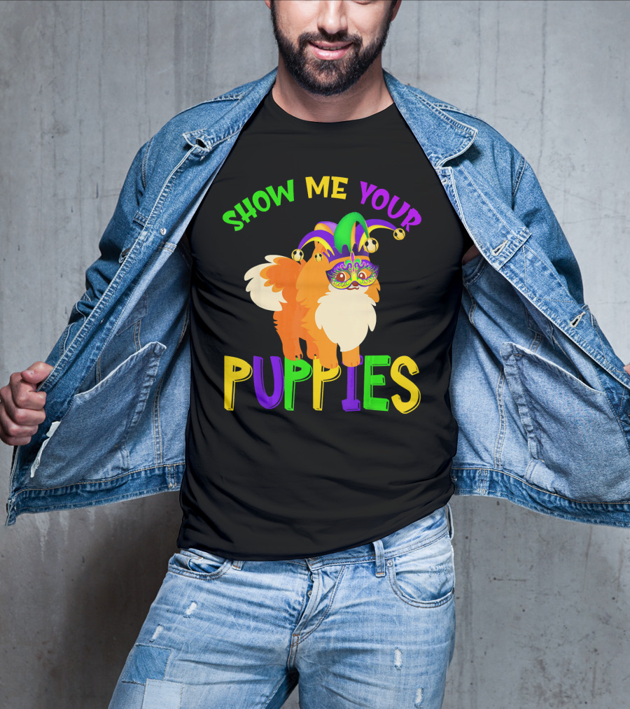 Show Me Your Puppies Pomeranian Jester Mask Colorful Fun T-Shirt