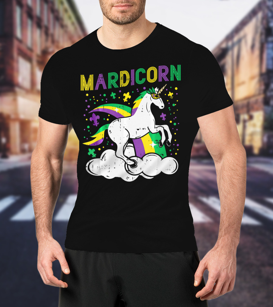 Mardicorn Retro Unicorn Jester Animal Mardi Gras Fleur-de-Lis Clouds T-Shirt
