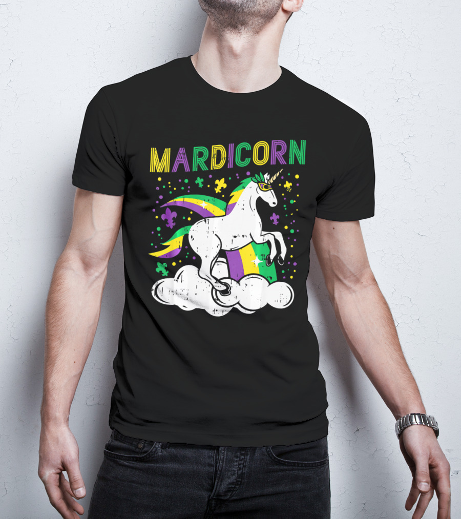 Mardicorn Retro Unicorn Jester Animal Mardi Gras Fleur-de-Lis Clouds T-Shirt