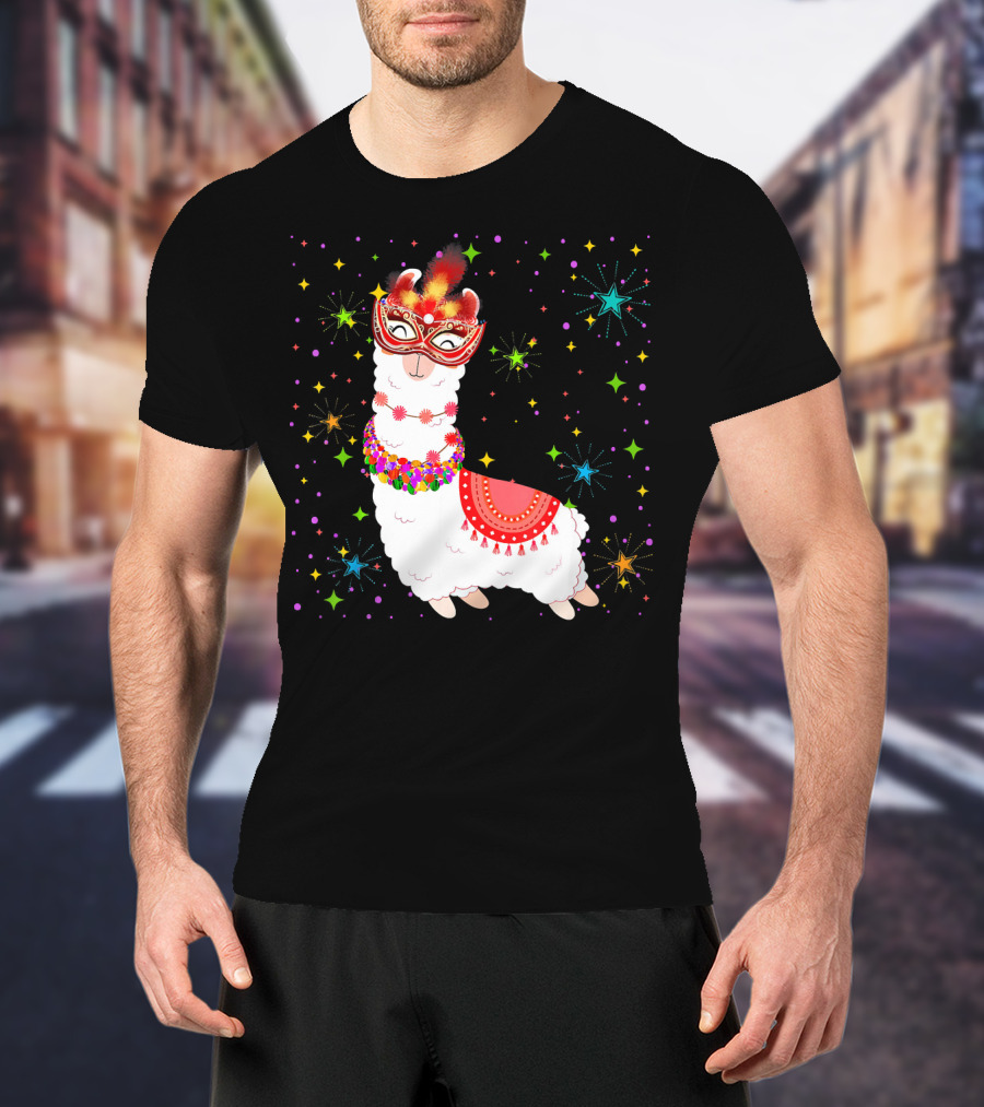 Llama Mardi Gras Mask Beads Colorful Festive Stars T-Shirt