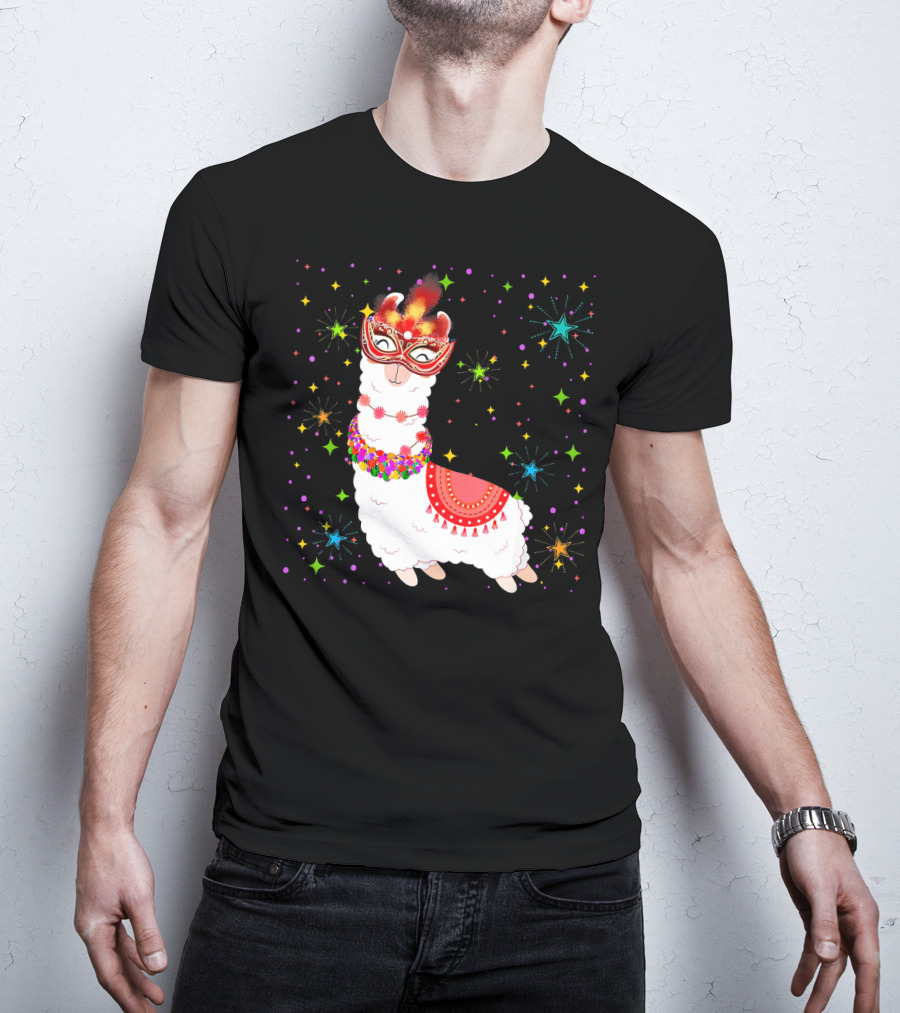 Llama Mardi Gras Mask Beads Colorful Festive Stars T-Shirt