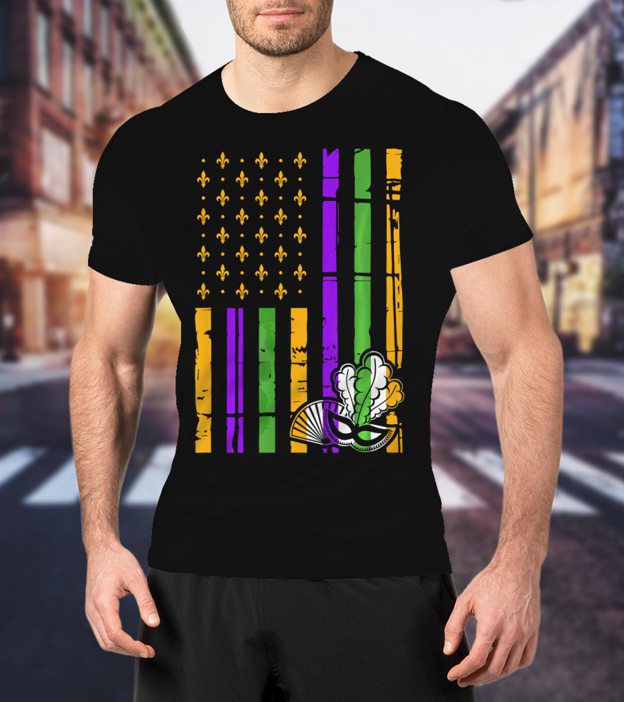US Mardi Gras Celebration Flag Fleur De Lis Mask T-Shirt