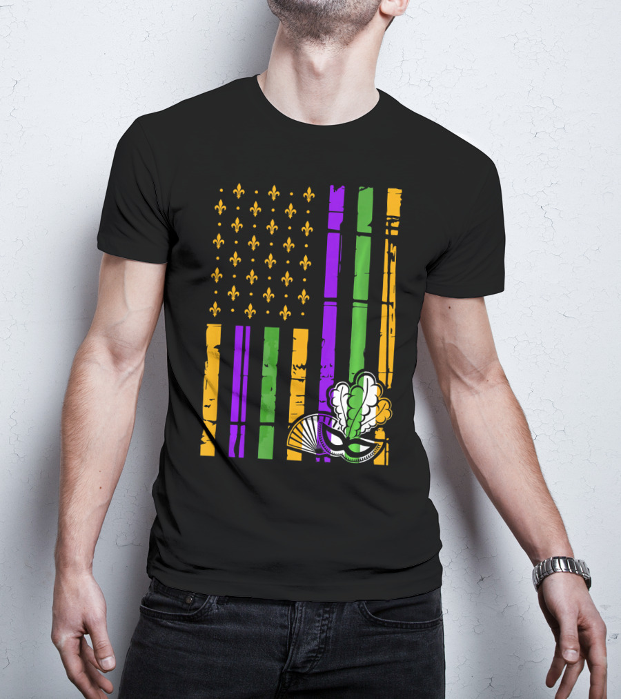 US Mardi Gras Celebration Flag Fleur De Lis Mask T-Shirt