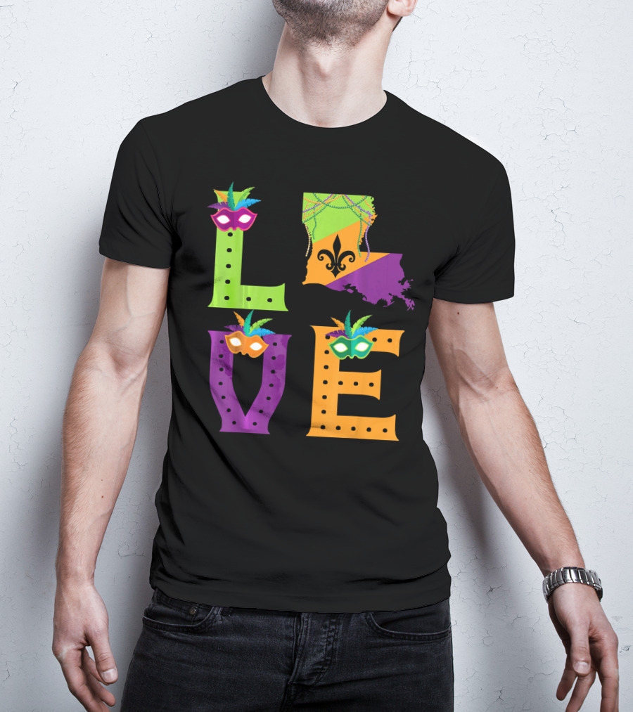 Love Mardi Gras Louisiana Fleur-de-lis Mask Beads T-Shirt
