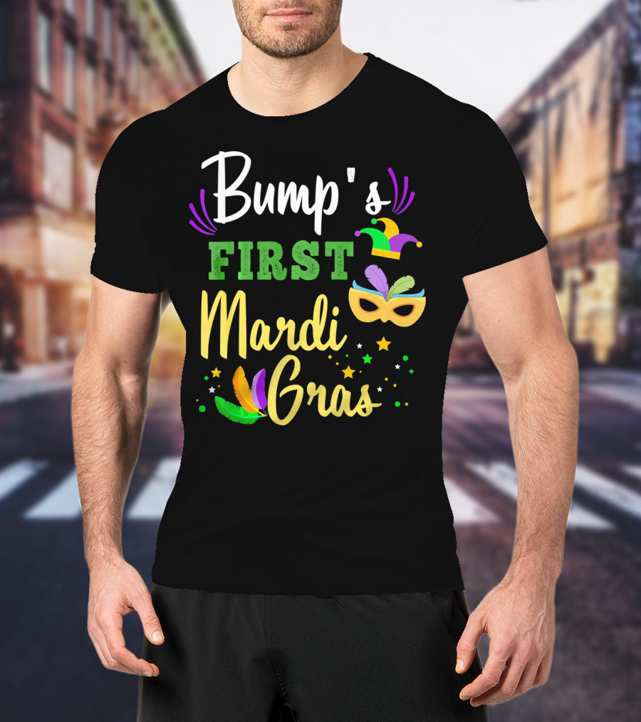 Bump's First Mardi Gras Jester Hat Mask Feathers Stars T-Shirt