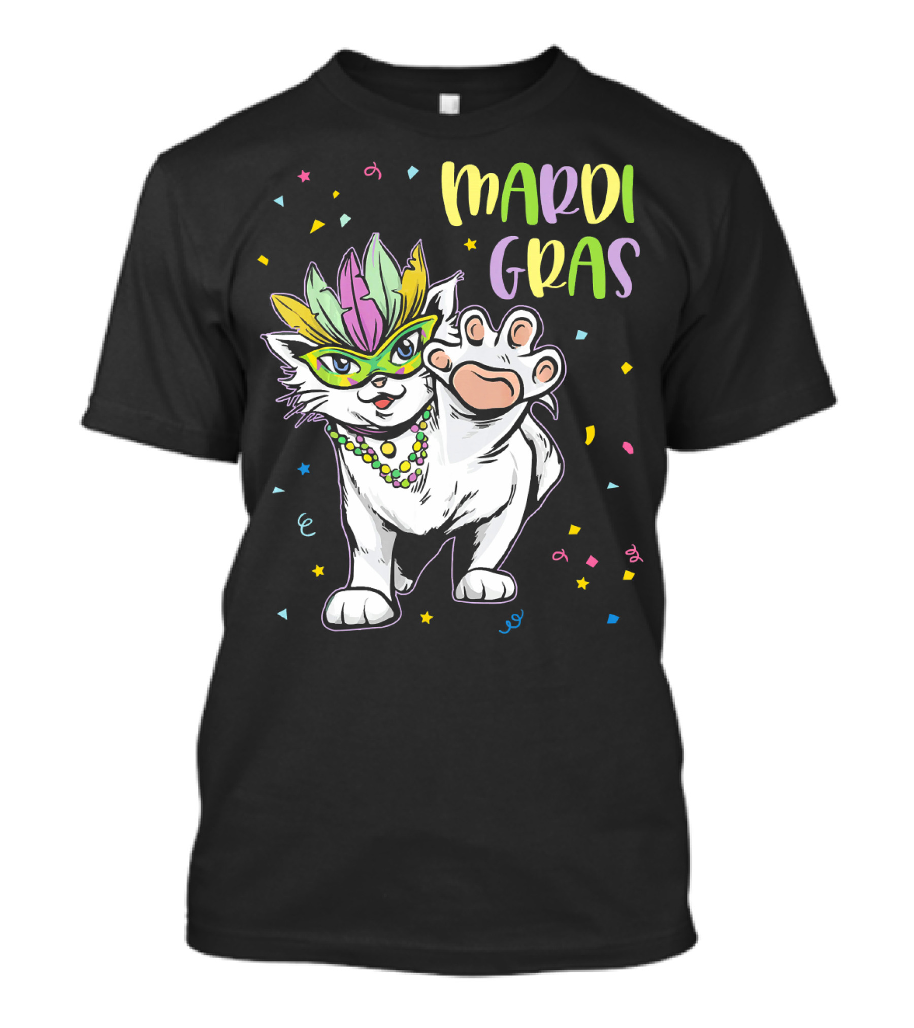 Mardi Gras Masked Cat Dancing With Beads And Confetti T-Shirt