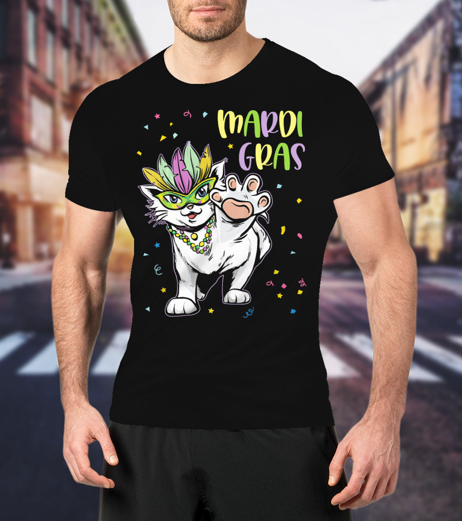 Mardi Gras Masked Cat Dancing With Beads And Confetti T-Shirt