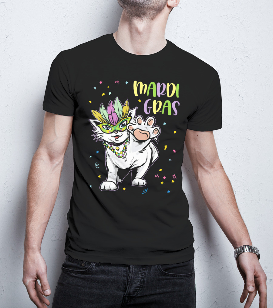 Mardi Gras Masked Cat Dancing With Beads And Confetti T-Shirt