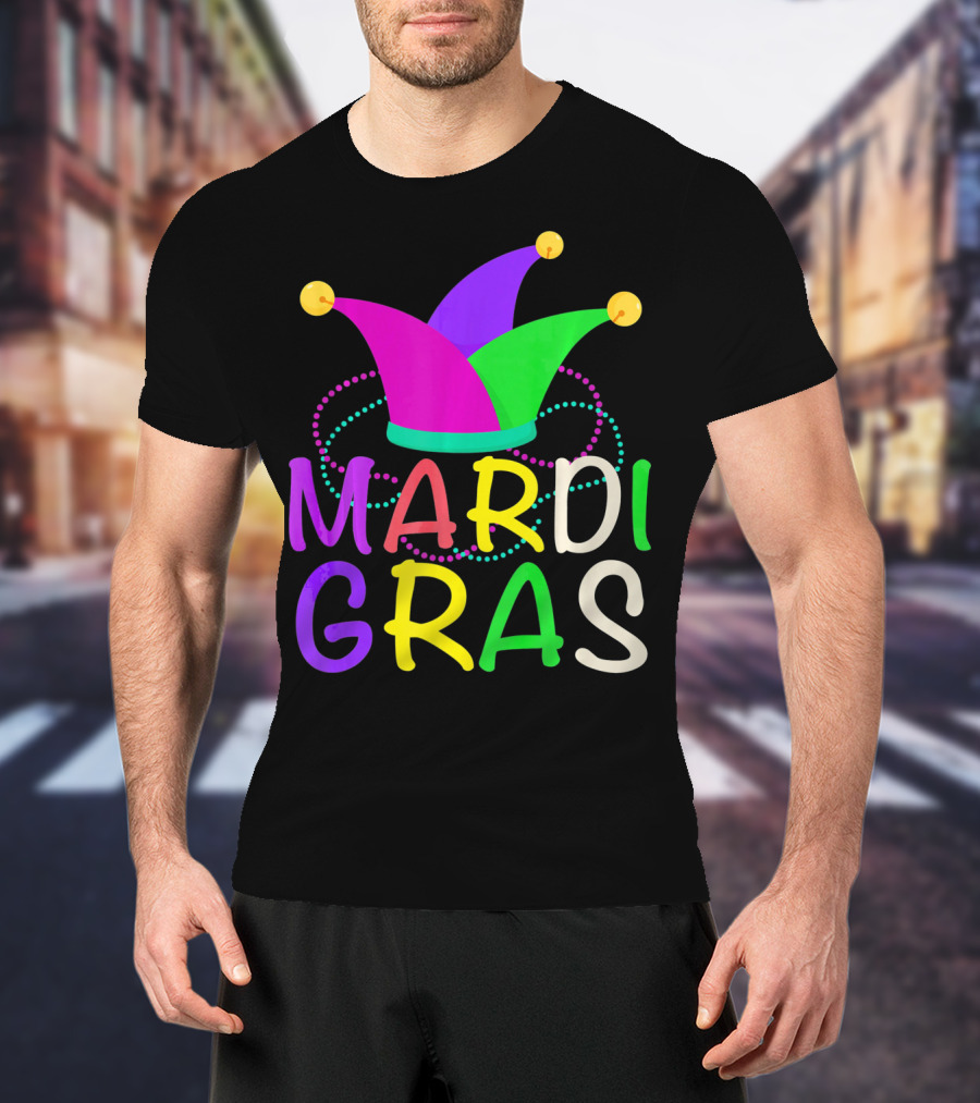 Mardi Gras Jester Hat Colorful Beads T-Shirt