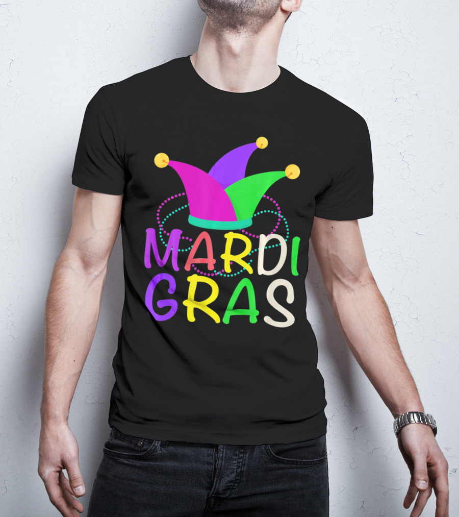 Mardi Gras Jester Hat Colorful Beads T-Shirt