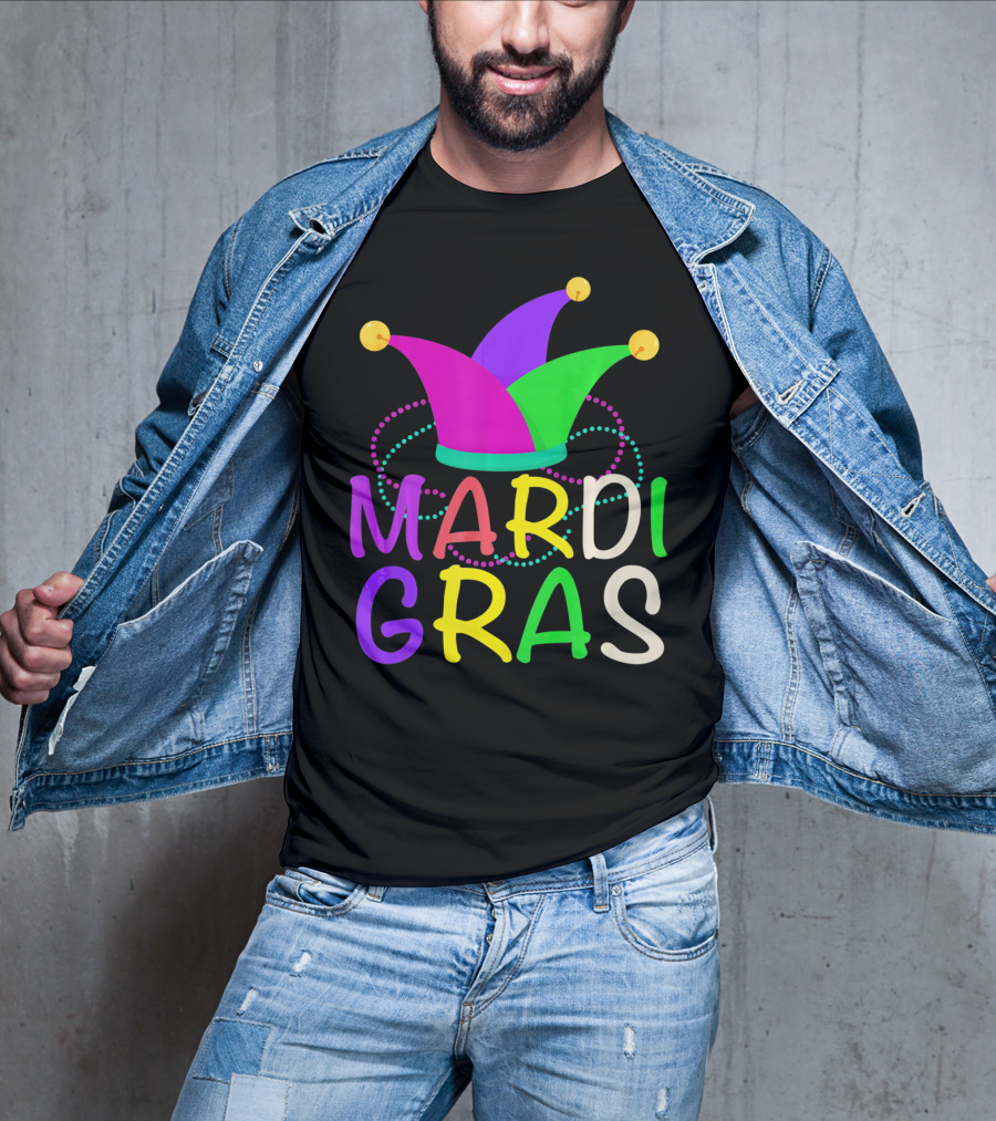 Mardi Gras Jester Hat Colorful Beads T-Shirt