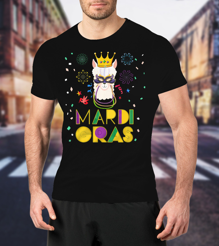 Mardi Gras Llama Alpaca Crowns Beads Fun Mask Fireworks T-Shirt
