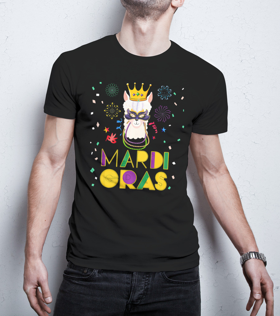 Mardi Gras Llama Alpaca Crowns Beads Fun Mask Fireworks T-Shirt