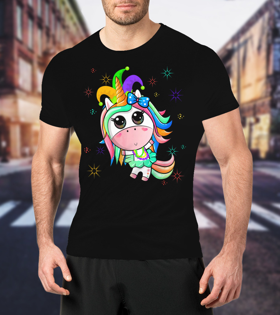 Mardi Gras Unicorn With Colorful Beads And Jester Hat T-Shirt