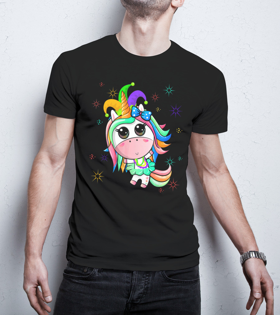 Mardi Gras Unicorn With Colorful Beads And Jester Hat T-Shirt