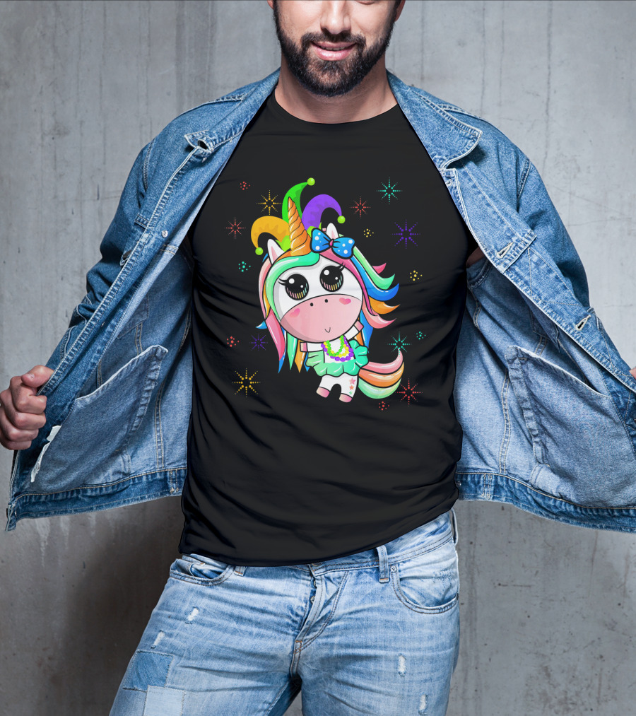 Mardi Gras Unicorn With Colorful Beads And Jester Hat T-Shirt