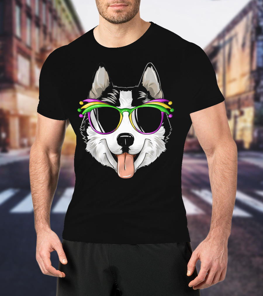 Husky Mardi Gras Carnival Mask Sunglasses Dog T-Shirt