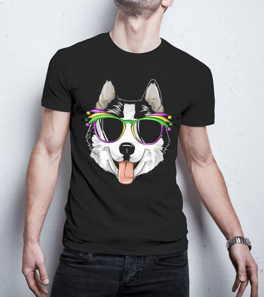 Husky Mardi Gras Carnival Mask Sunglasses Dog T-Shirt