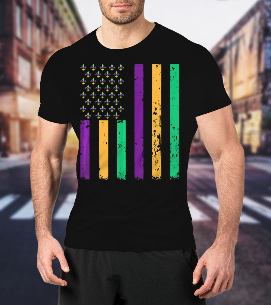 Vintage Fleur-de-Lis Mardi Gras American Flag T-Shirt