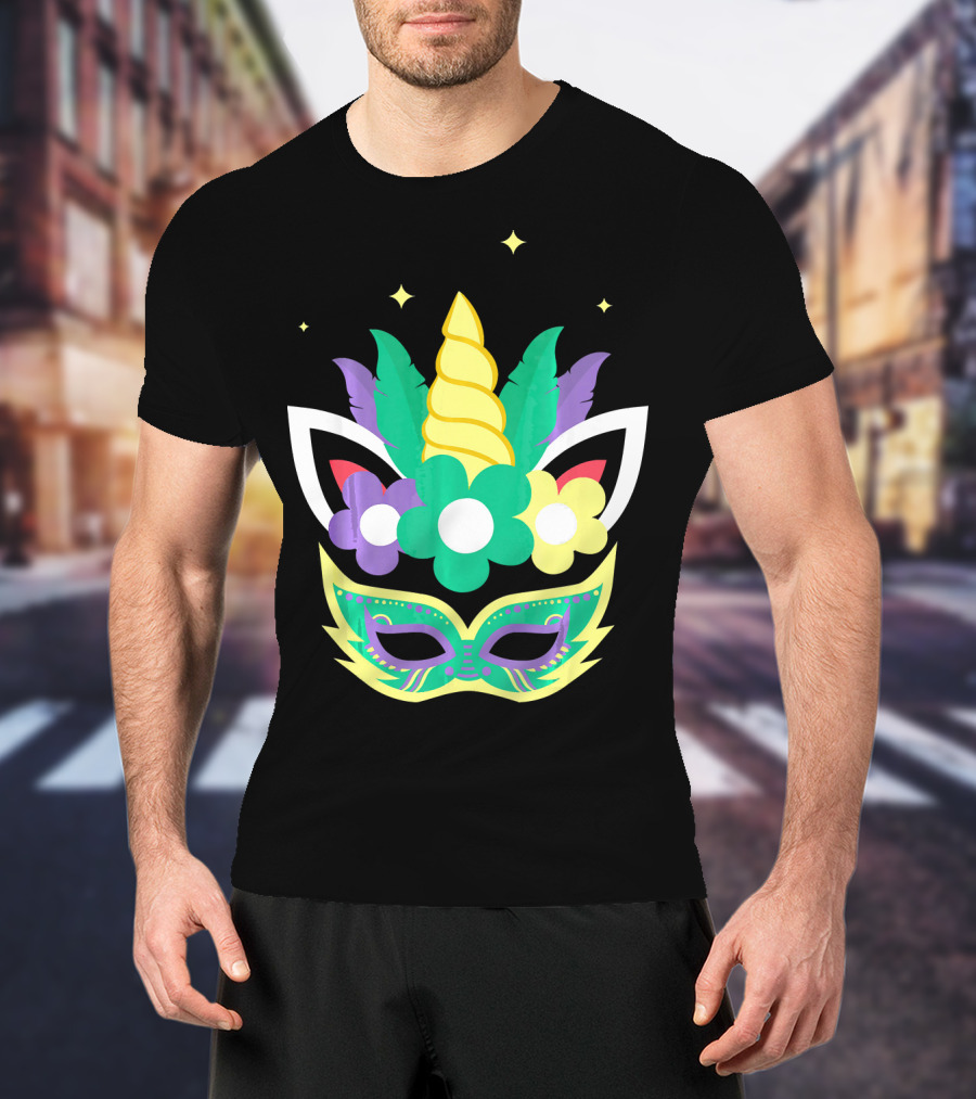 Unicorn Mardi Gras Mask With Flowers And Stars T-Shirt