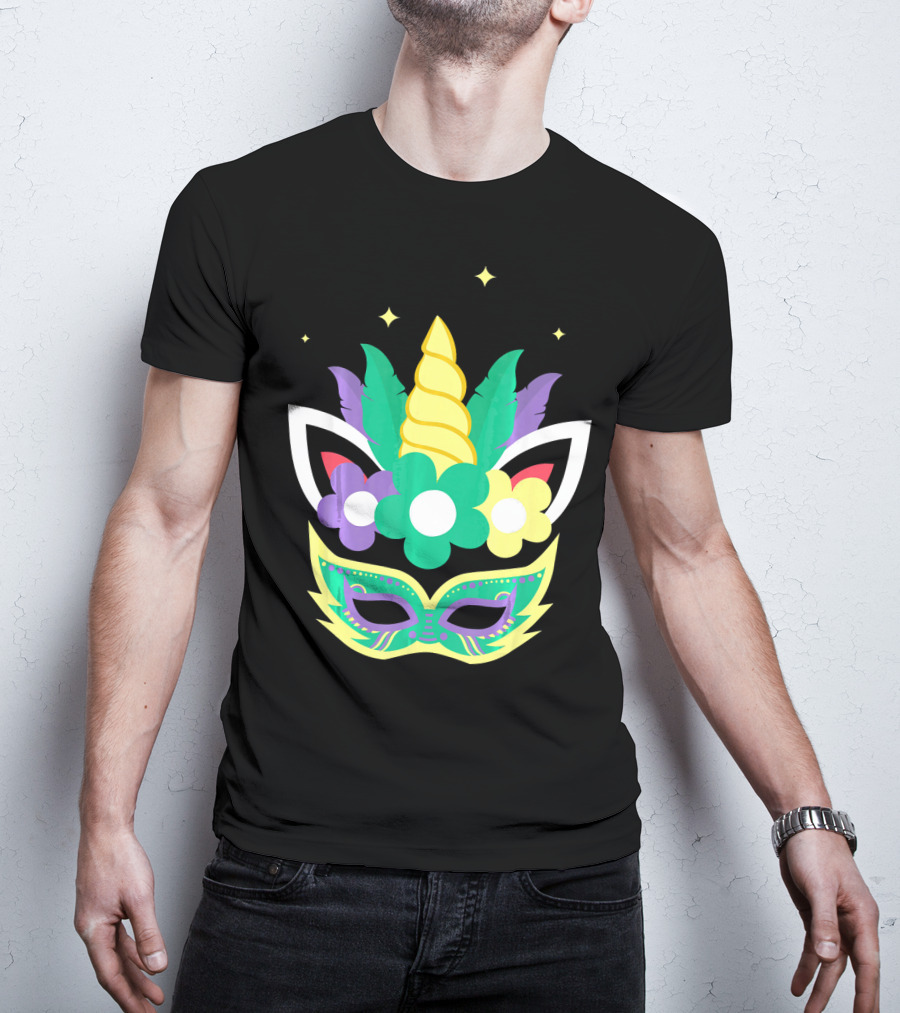 Unicorn Mardi Gras Mask With Flowers And Stars T-Shirt
