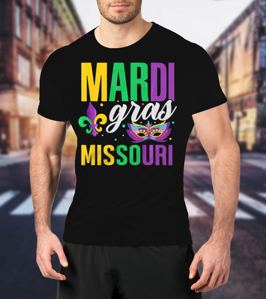 Mardi Gras Missouri Parade Beads Fleur-de-Lis Mask T-Shirt