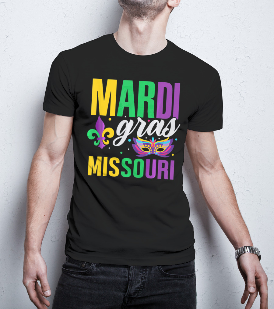 Mardi Gras Missouri Parade Beads Fleur-de-Lis Mask T-Shirt