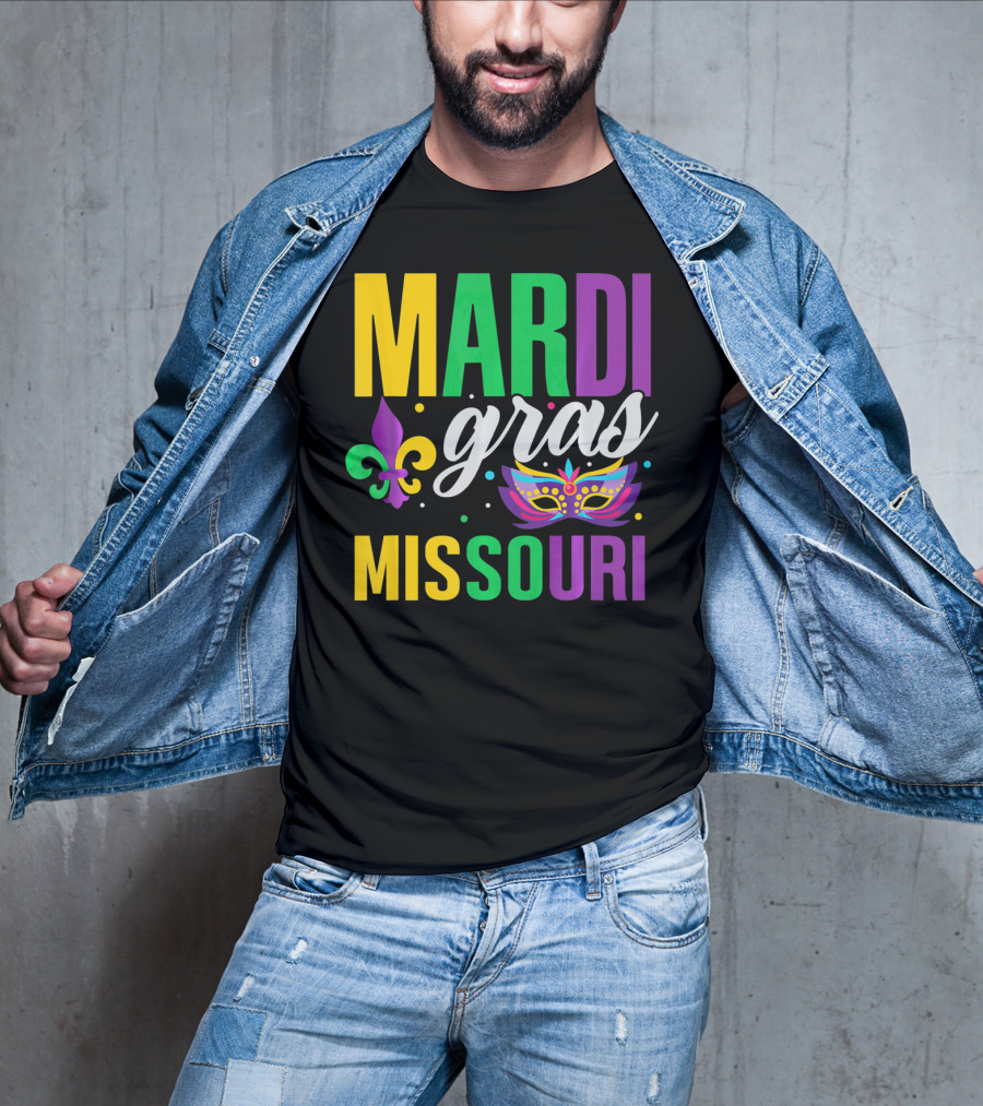 Mardi Gras Missouri Parade Beads Fleur-de-Lis Mask T-Shirt