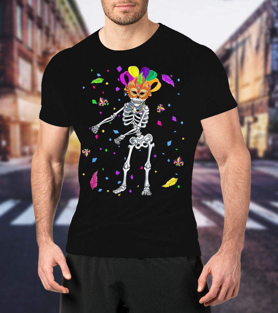 Flossing Skeleton Mardi Gras Jester Hat Beads Masquerade Mask T-Shirt