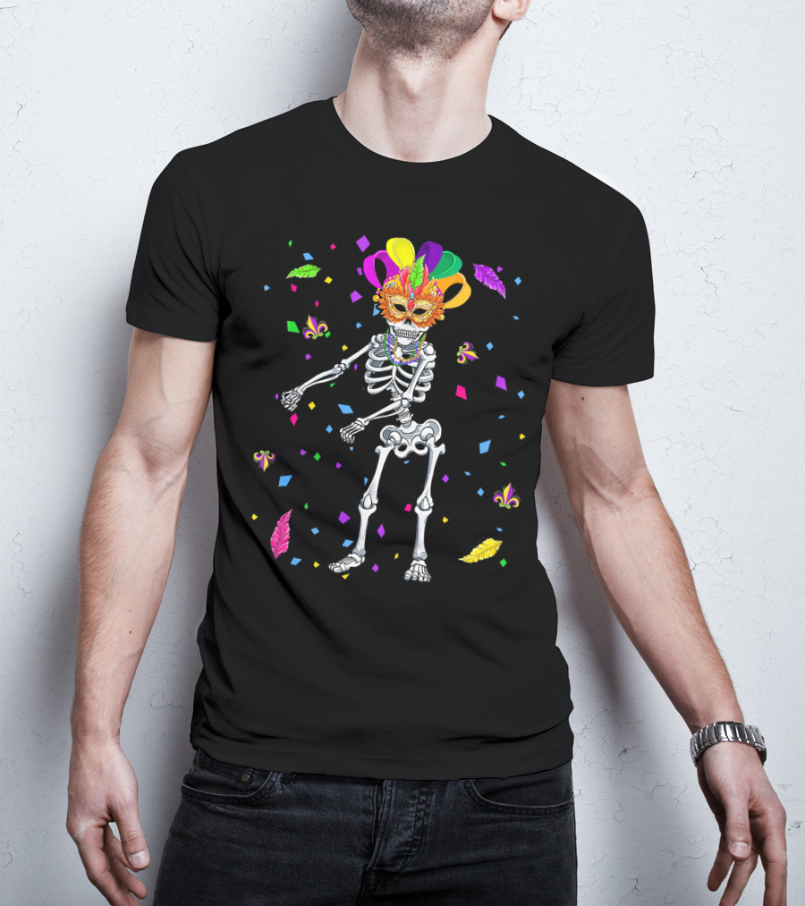 Flossing Skeleton Mardi Gras Jester Hat Beads Masquerade Mask T-Shirt