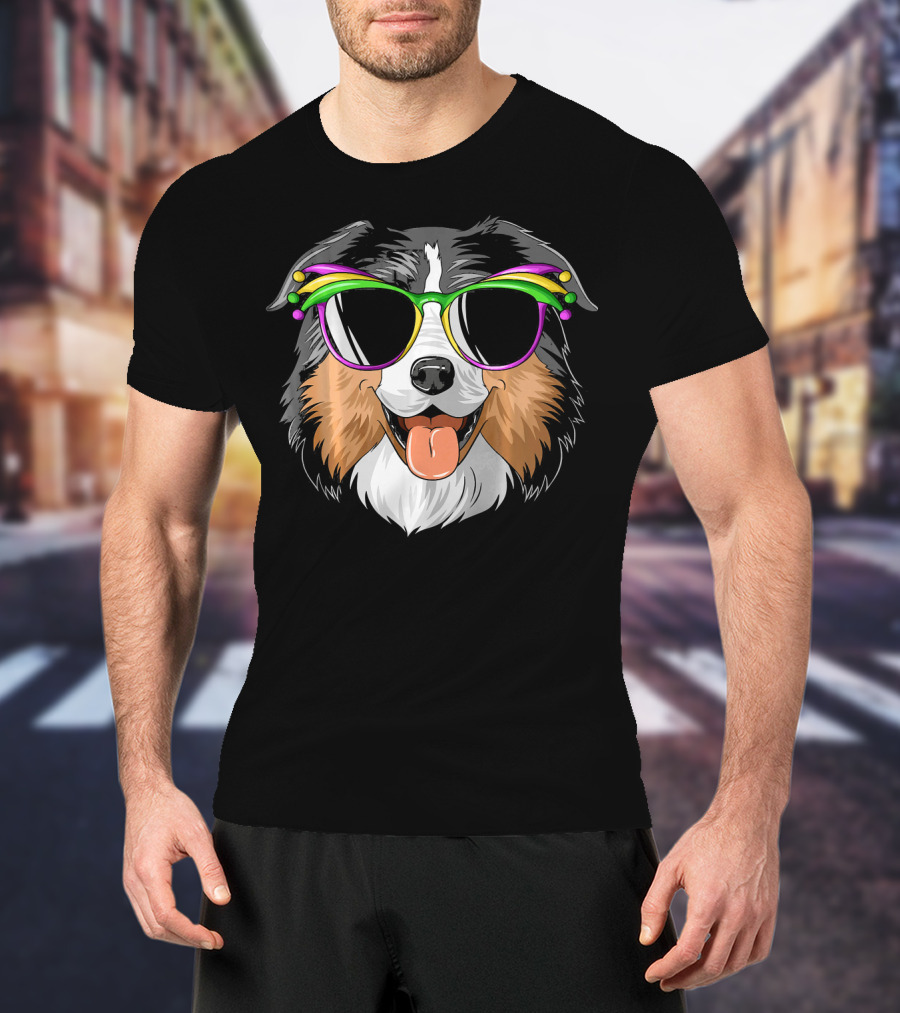 Australian Shepherd Dog Wearing Mardi Gras Festival Sunglasses T-Shirt